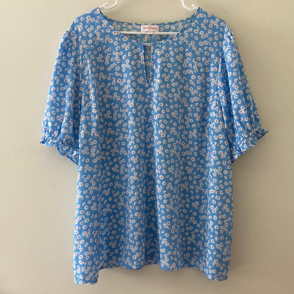 2X Blue Floral Short Sleeve Women's Top